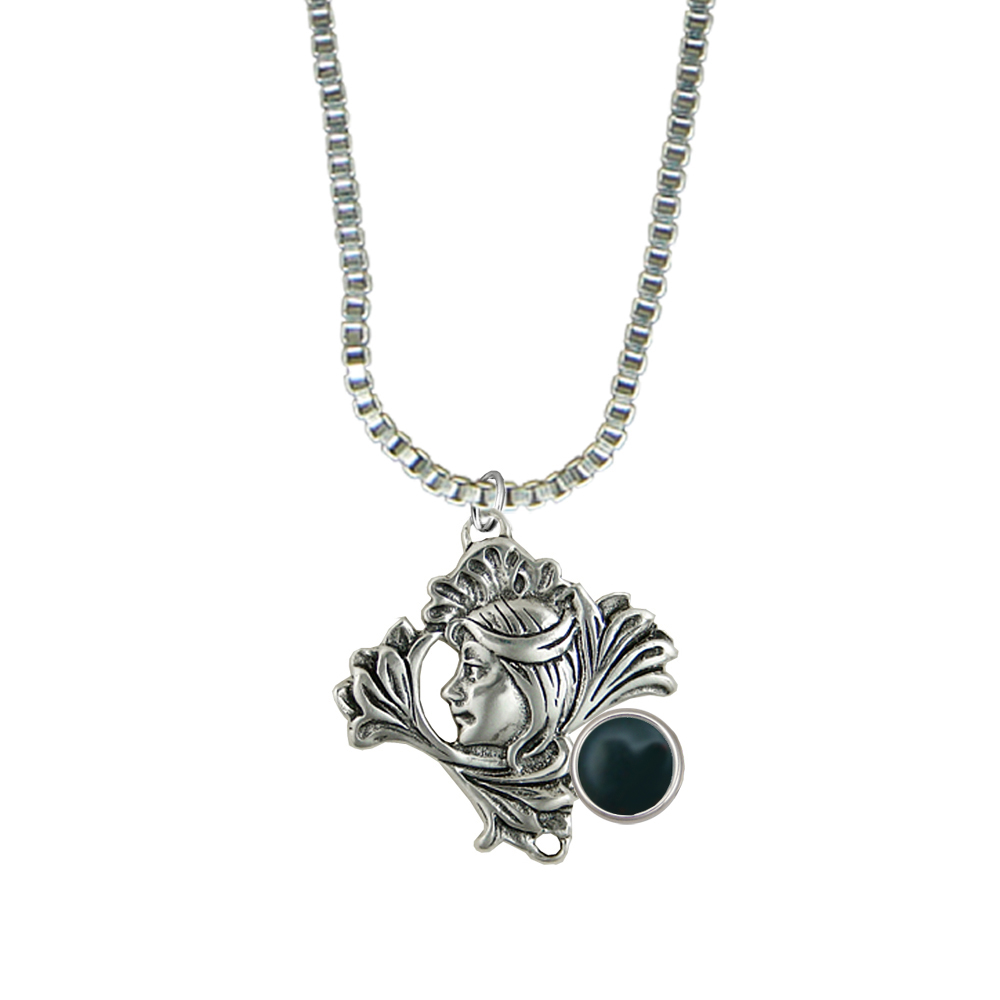 Sterling Silver Woman Maiden of the Lotus Flower Pendant Necklace With Bloodstone